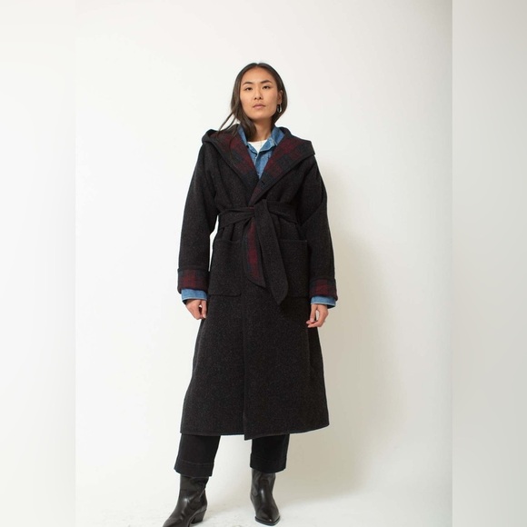 Vintage Woolrich Wool Reversible hooded‎ Trench Coat plaid women’s large - Picture 1 of 16